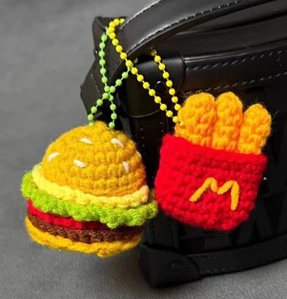 Crochet Hamburger French Fries Car Charm Pendant or Keychain - HANDMAD