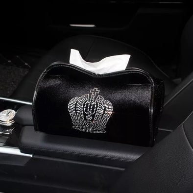Car Tissue box - Black velvet with Bling Crown Decoration - Carsoda - 1