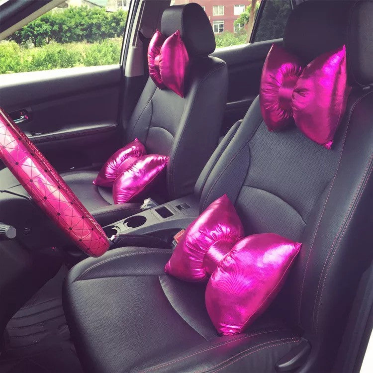 Chrome Hot Pink Bow Car Seat Headrest Pillow Carsoda