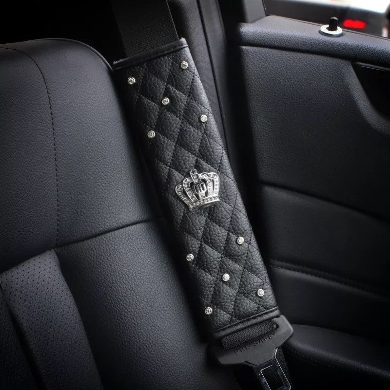 Dotesy 4-Pack Rhinestone Seat Belt Covers - Bling Shoulder Pads, PU Leather, Universal Fit For Women, Crown-White Design