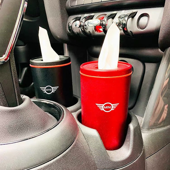Mini Cooper Metal Alloy Tissue Holder Box placed in the water bottle holder