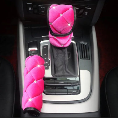 Hot Pink Velvet Bling Hand Brake & Gear Shift Cover 2-pieces-Set with Rhinestones