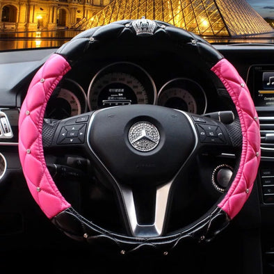 Black and Pink Leather Steering wheel cover with Bling Crown