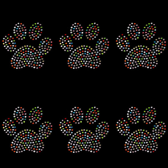 Set of 6 Bling Multicolored Cat Dog Paw Print Footprint 2.8'' Height Rainbow Colored Rhinestones Iron On Hotfix Transfer DIY Decal Emblem Patch