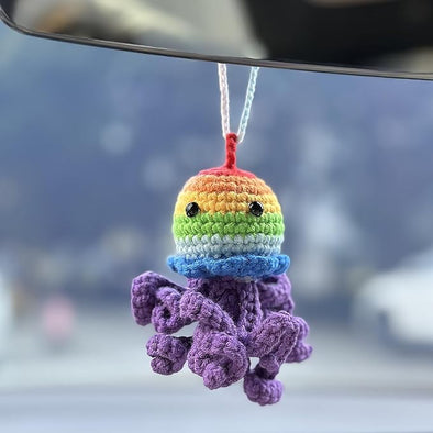 Crochet Rainbow Jellyfish Pendant for Car Interior Rearview Mirror, Car Hanging Knitted Jellyfish Charm Ornament, Handmade Car Accessories Gift