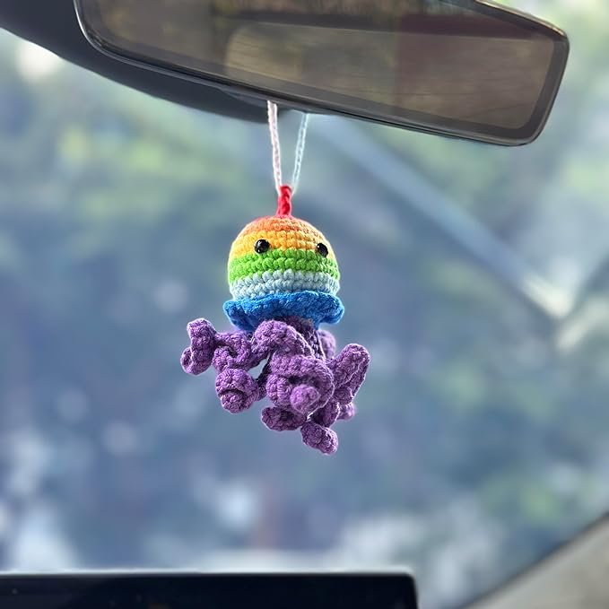 Crochet Rainbow Jellyfish Pendant for Car Interior Rearview Mirror