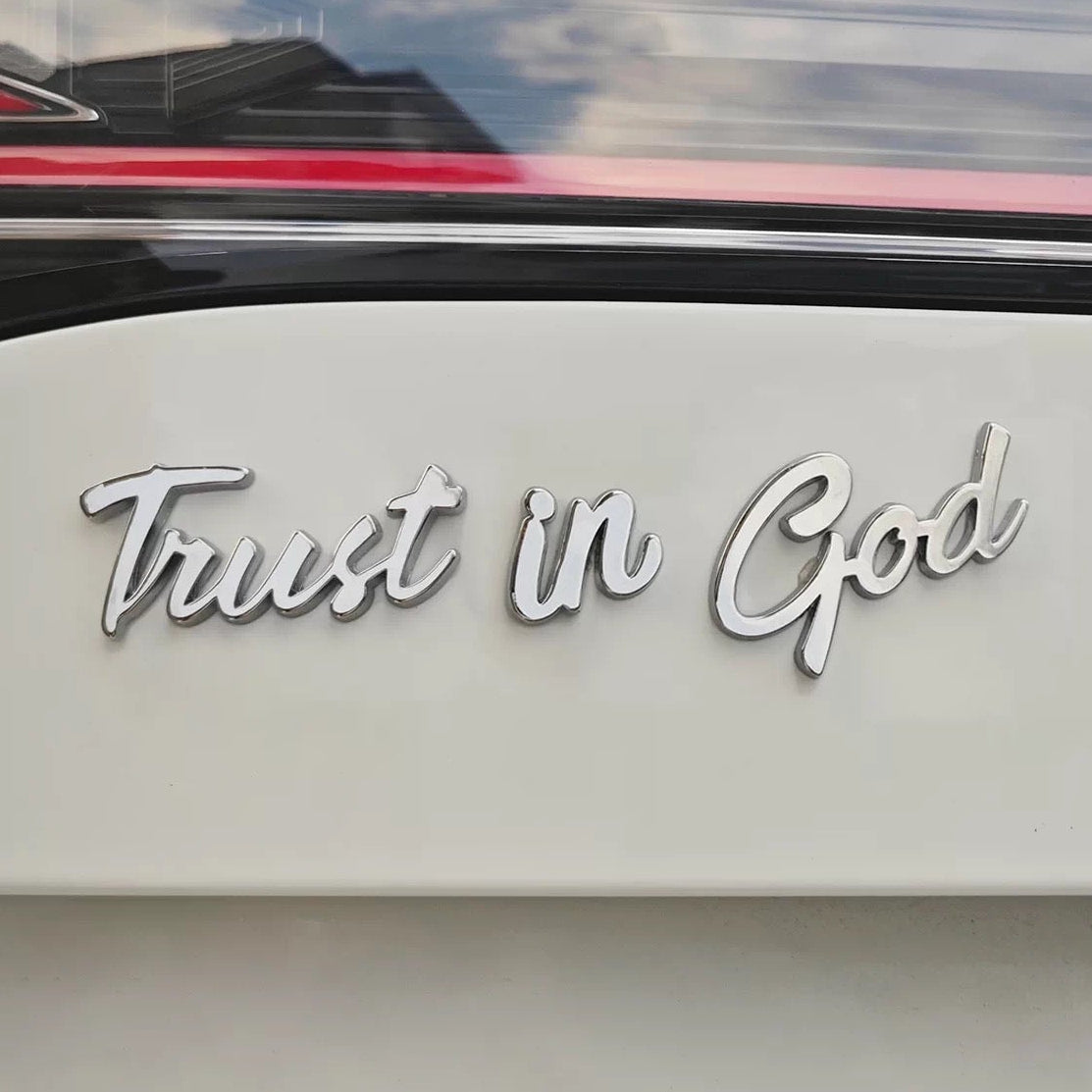 Trust in God metal car decal, 3D chrome letter emblem sticker 15cm x 3cm applied on car trunk