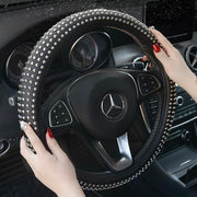 Black genuine leather steering wheel cover with polished silver metal studs, punk style anti-slip universal fit car wheel protector