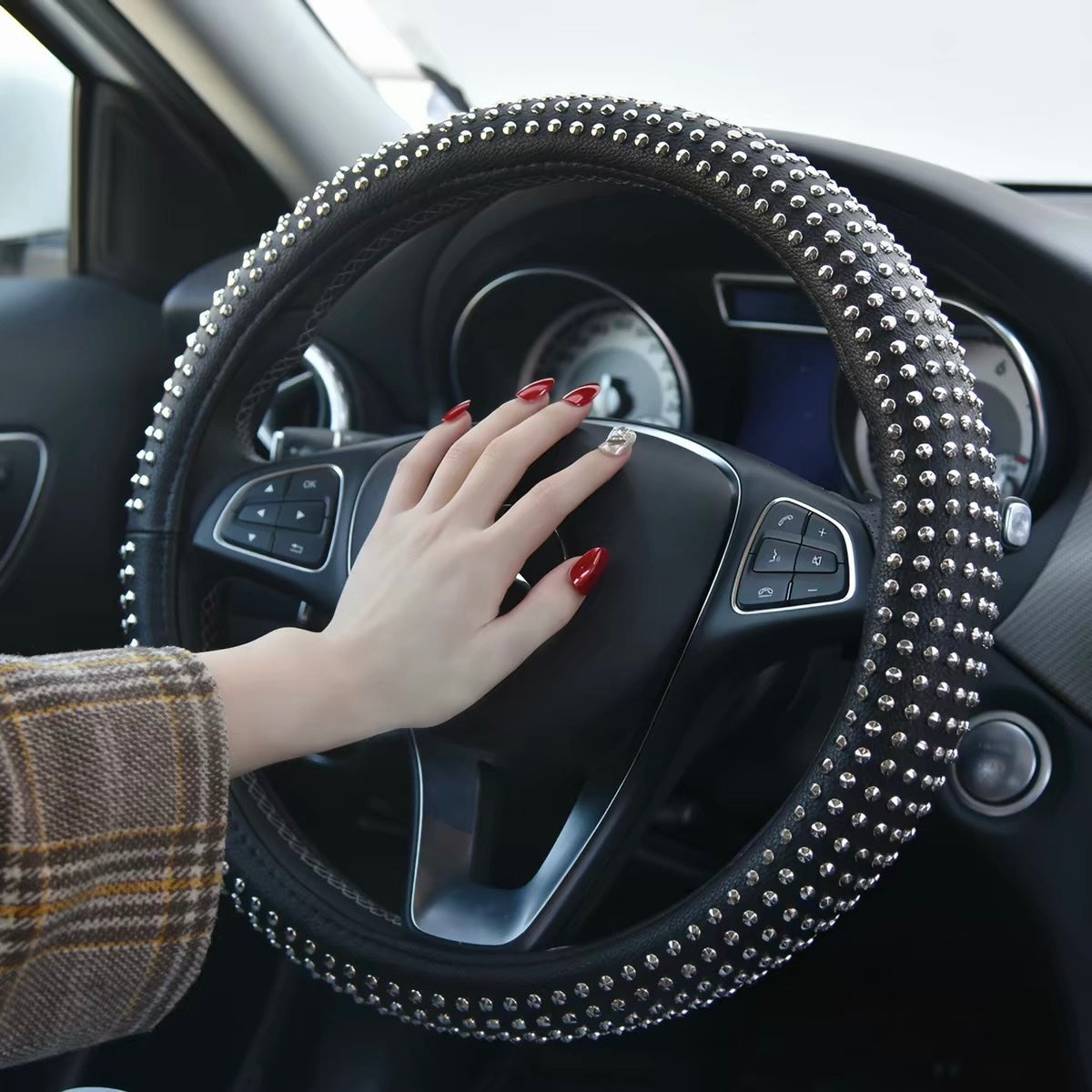 Black genuine leather steering wheel cover with polished silver metal studs, punk style anti-slip universal fit car wheel protector-silver
