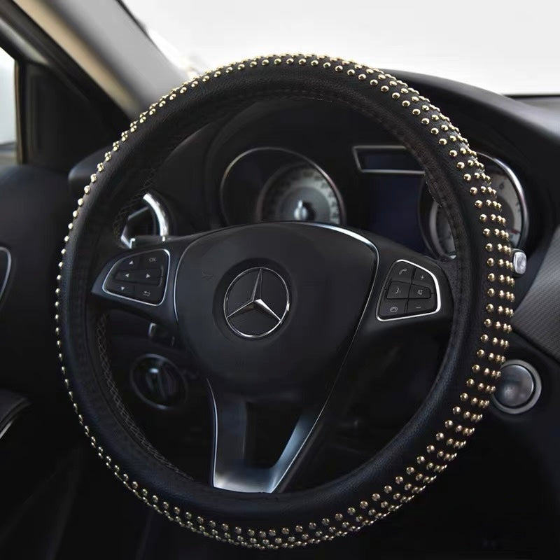 Studded Genuine Leather Steering Wheel Cover – Punk Rivet Anti-Slip Car Wheel Protector (Round & D-Shape)