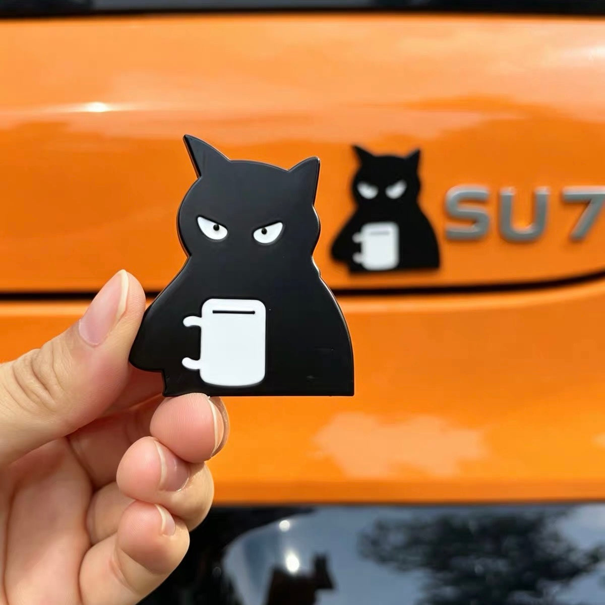 3D metal black cat car decal with a cute cat drinking coffee design, 5.5 x 5 cm funny emblem sticker for car body or window