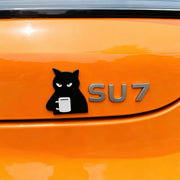 3D metal black cat car decal with a cute cat drinking coffee design, 5.5 x 5 cm funny emblem sticker for car body or window