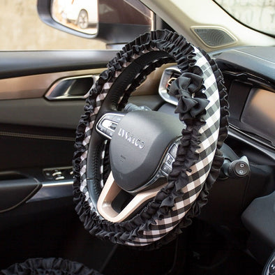 Black and white checker Steering wheel cover with Lace Fringe