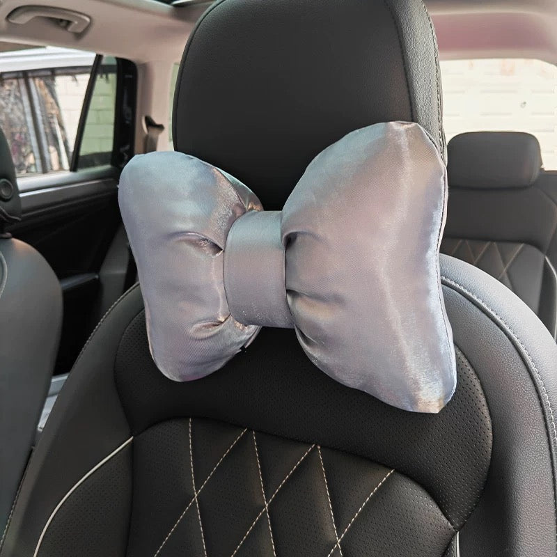 Silver Silk Soft Bow Car Seat Headrest and Waist Pillow