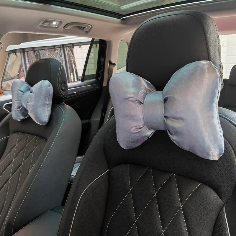 Silver Silk Soft Bow Car Seat Headrest and Waist Pillow