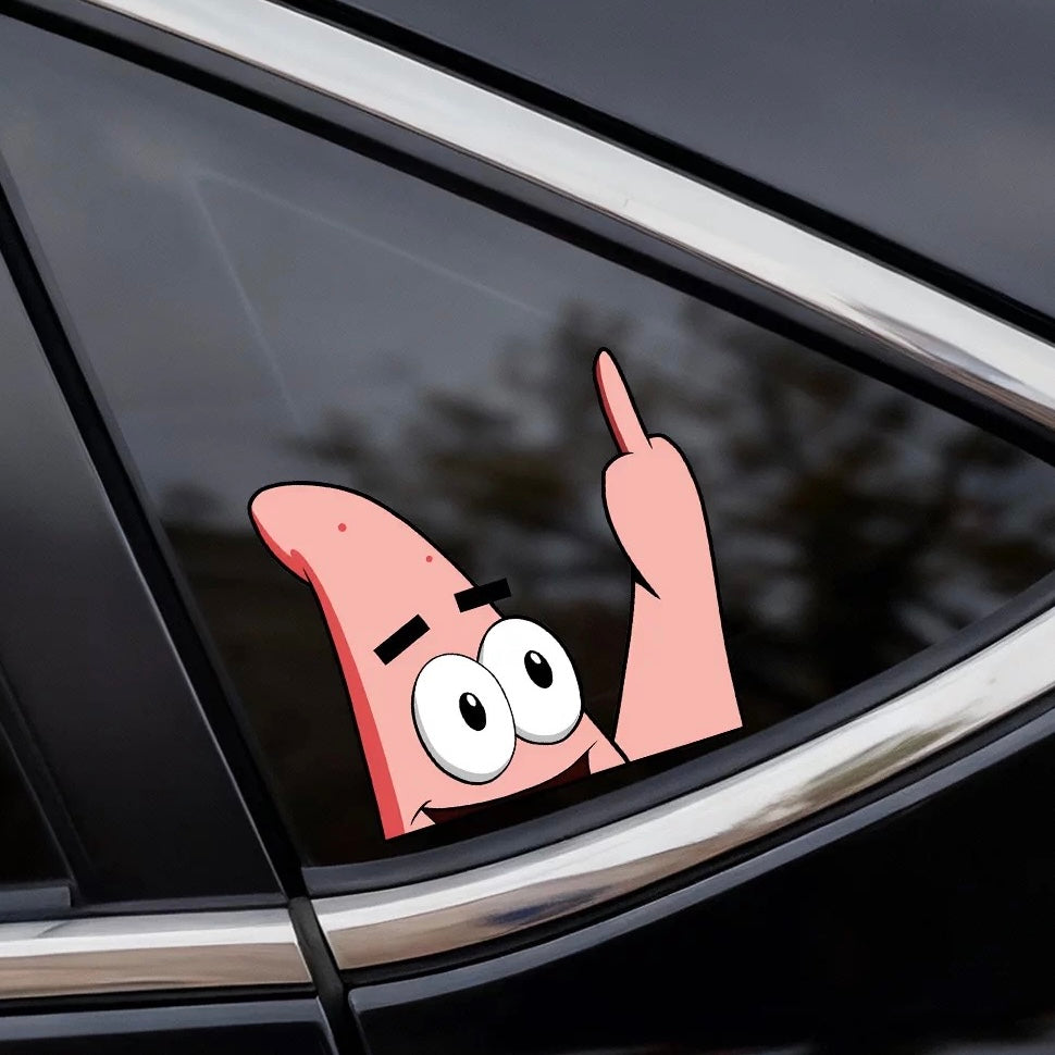 Funny Patrick Star middle finger vinyl car sticker overlay on rear windshield for scratch cover up