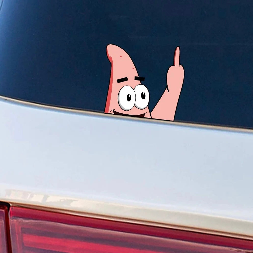 Funny Patrick Star middle finger vinyl car sticker overlay on rear windshield for scratch cover up