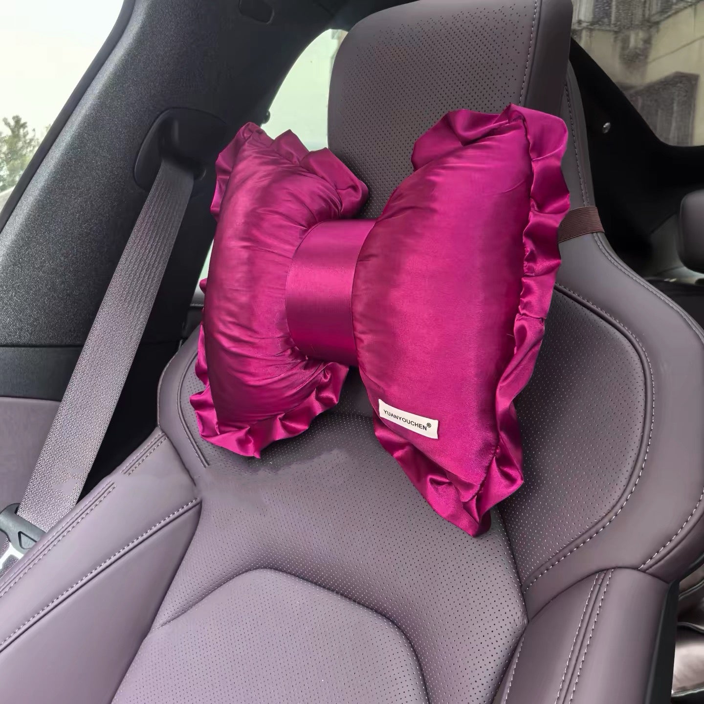 Luxury Beetroot Satin Silk Bow Knot Car Headrest Pillow