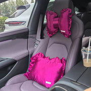 Luxury Beetroot Satin Silk Bow Knot Car Headrest Lumbar Pillow Set