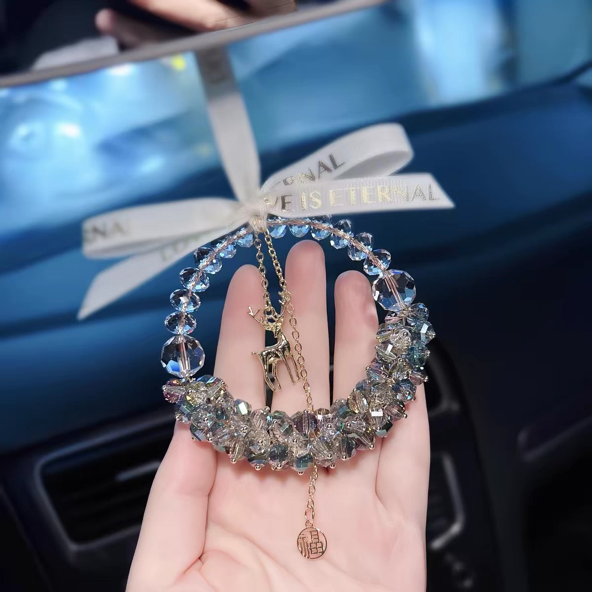 Crystal Car Rearview Mirror Hanging Ornament - Christmas Reindeer Lucky Charm close up