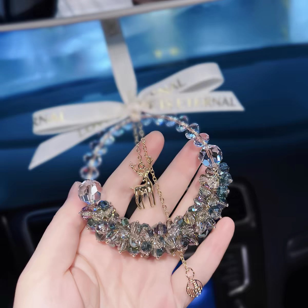 Crystal Car Rearview Mirror Hanging Ornament - Christmas Reindeer Lucky Charm