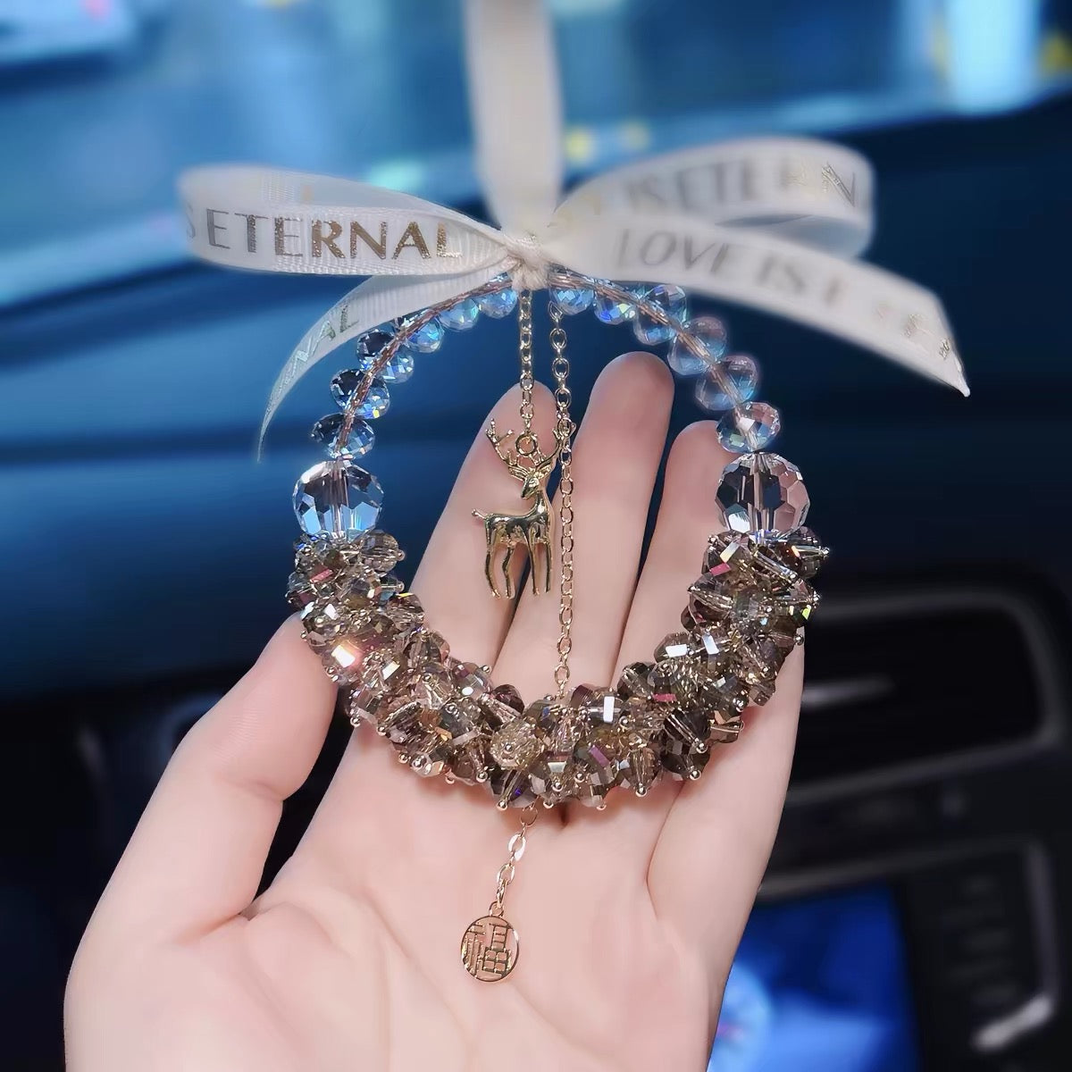 Crystal Car Rearview Mirror Hanging Ornament - Christmas Reindeer Lucky Charm