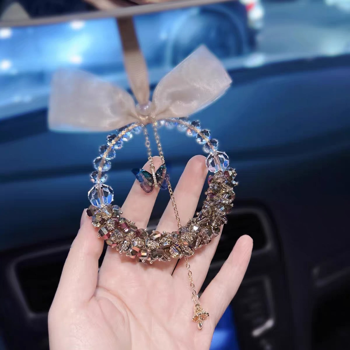 Luxury Crystal Butterfly Car Hanging Ornament - Rearview Mirror Pendant with bow