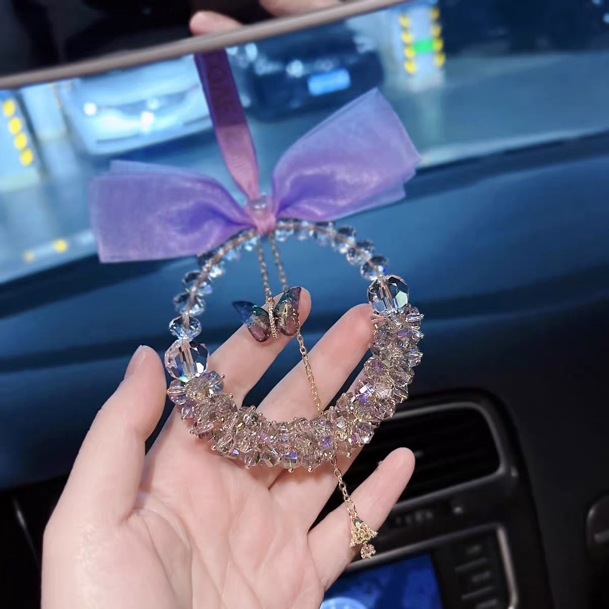 Luxury Crystal Butterfly Car Hanging Ornament - Rearview Mirror Pendant with purple bow
