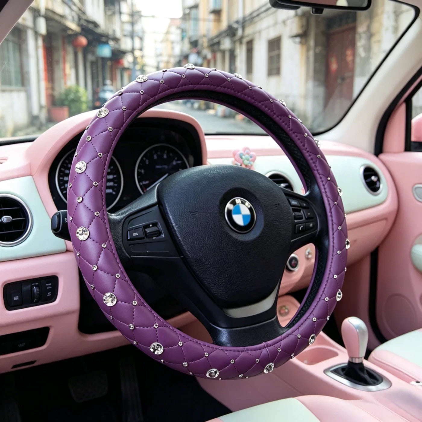 Luxury Purple Leather Diamond Steering Wheel Cover Round shape