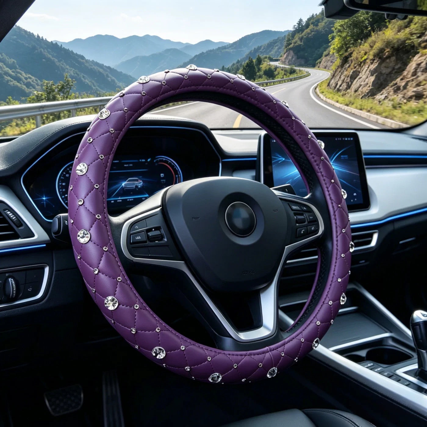 Luxury Purple Leather Diamond Steering Wheel Cover