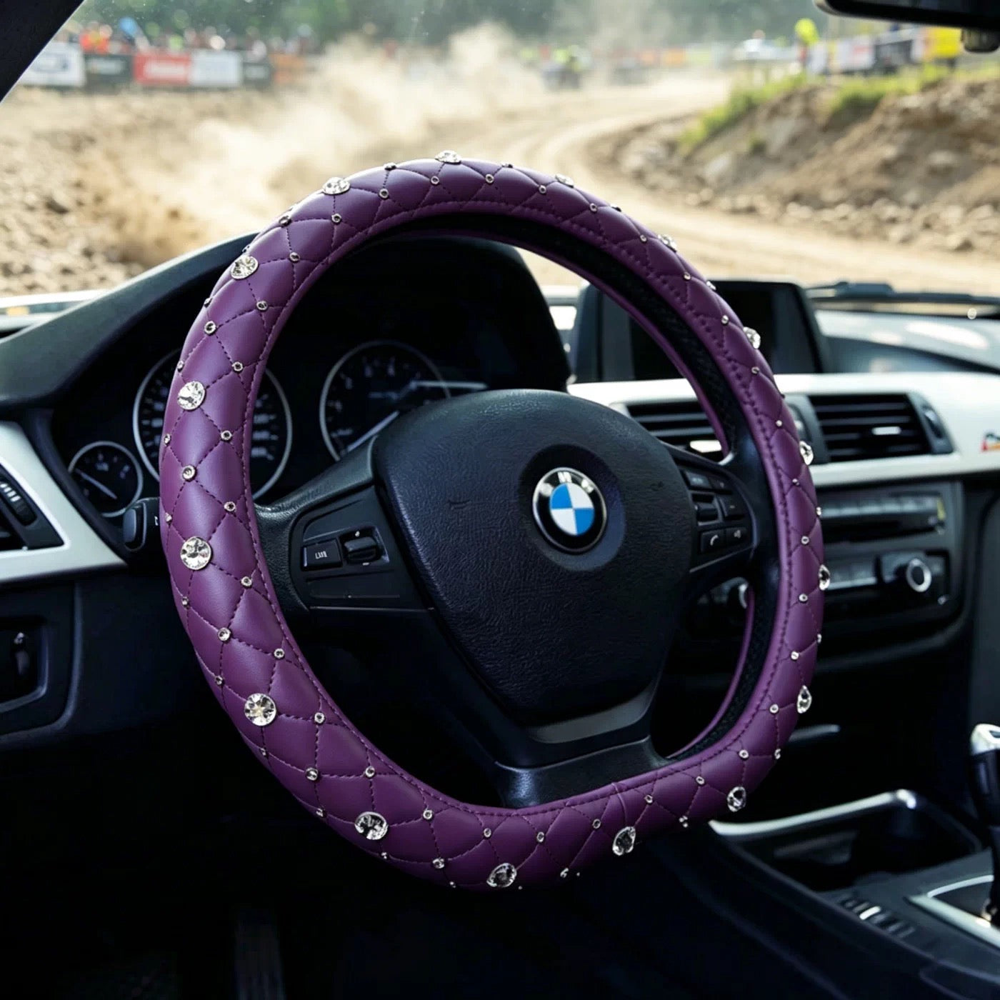Luxury Purple Leather Diamond Steering Wheel Cover D shape