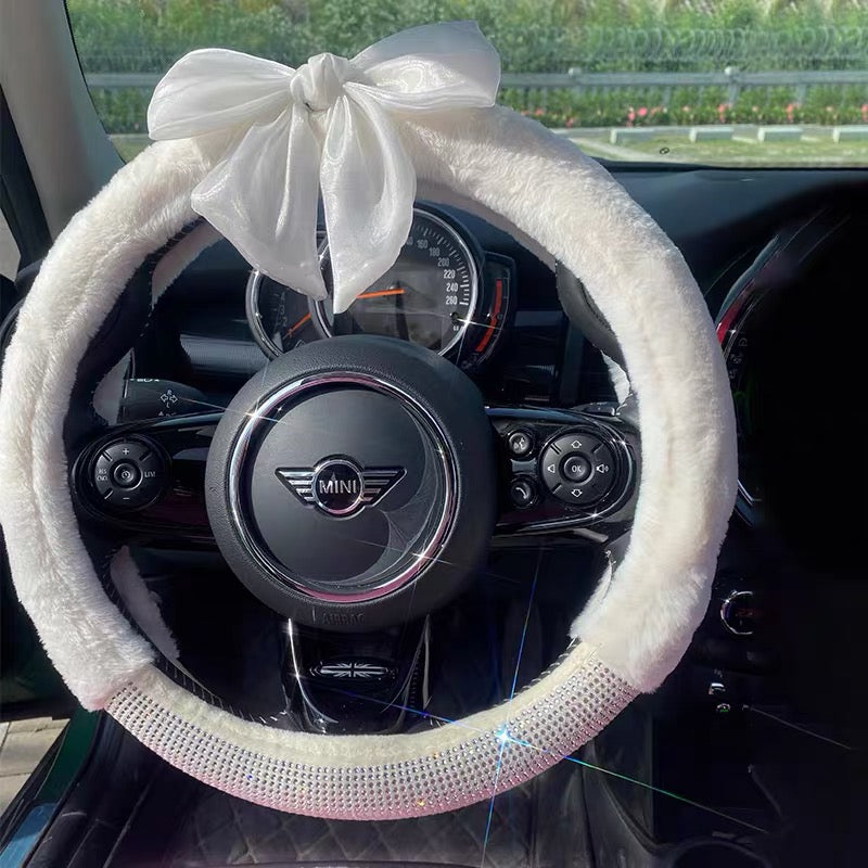 Plush Diamond Steering Wheel Cover with Adjustable Bow 