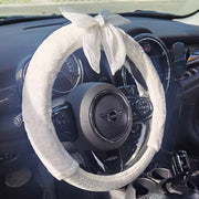 White Plush Diamond Steering Wheel Cover with Adjustable Bow