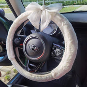 Plush Diamond Steering Wheel Cover with Adjustable Bow -white