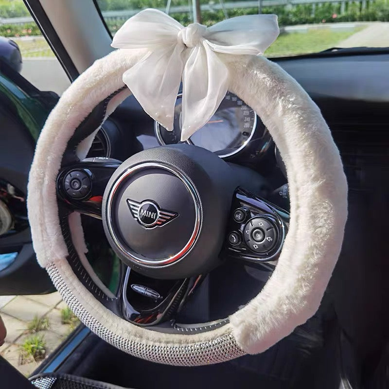 Plush Diamond Steering Wheel Cover with Adjustable Bow -white