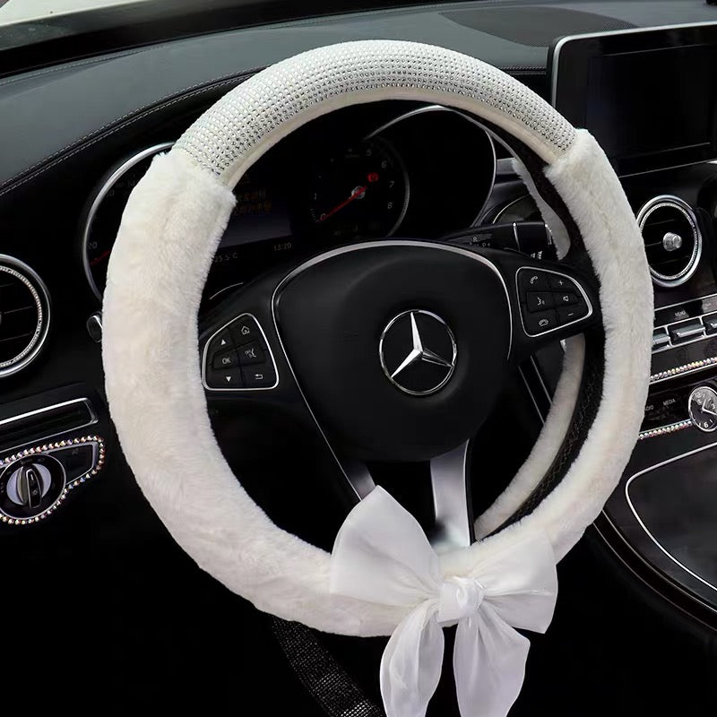 Plush Diamond Steering Wheel Cover with Adjustable Bow close up
