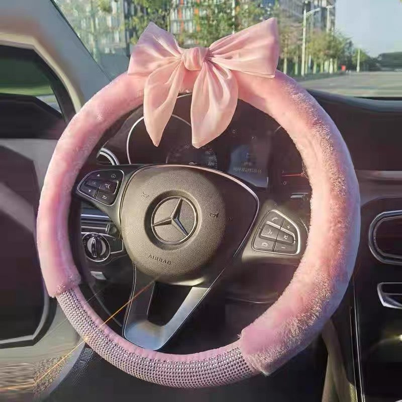 Pink Plush Diamond Steering Wheel Cover with Adjustable Bow 