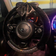Black Plush Diamond Steering Wheel Cover with Adjustable Bow 