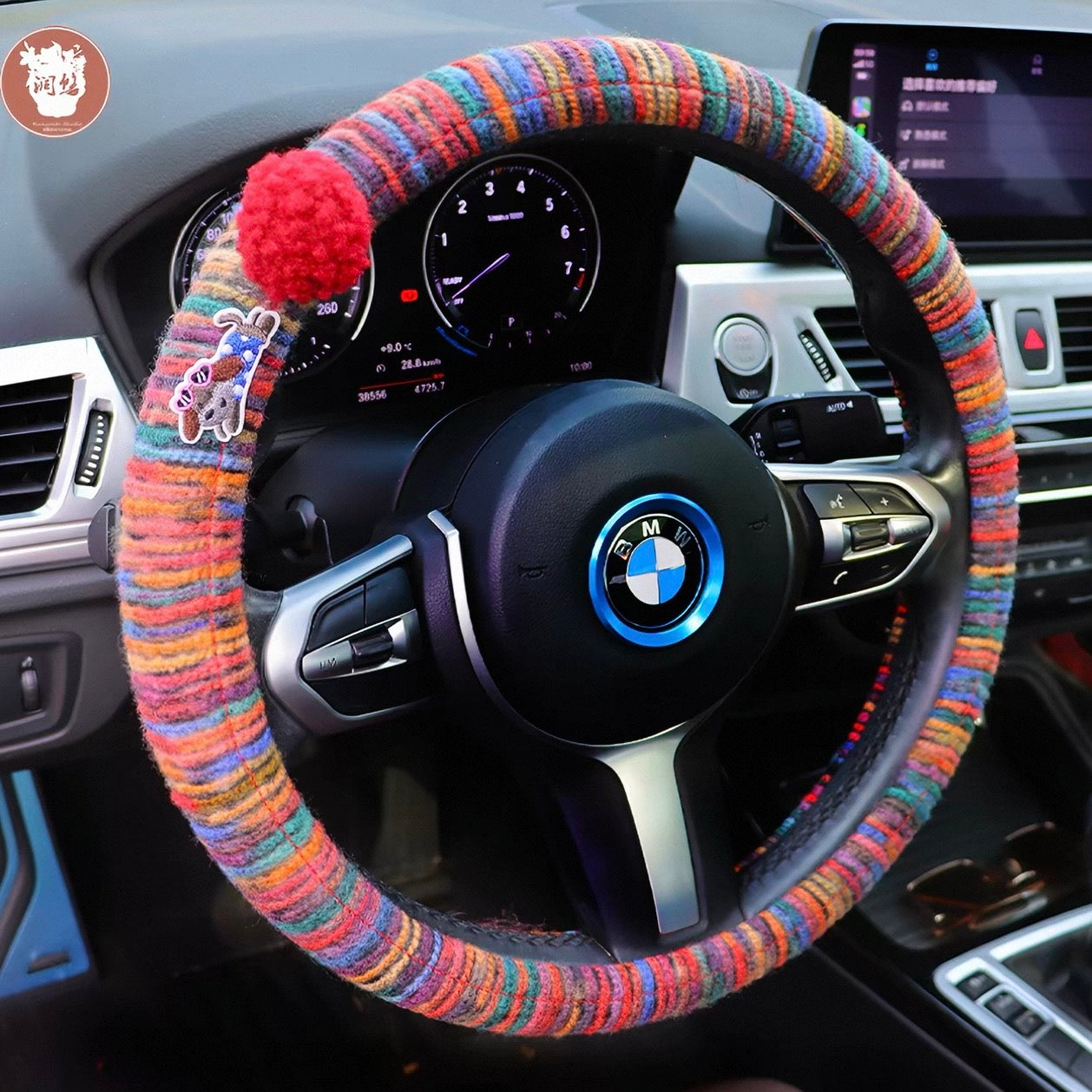 Boho striped fabric steering wheel covers with dachshund patches and fluffy pom poms