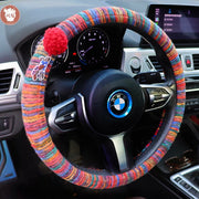 Boho striped fabric steering wheel covers with dachshund patches and fluffy pom poms