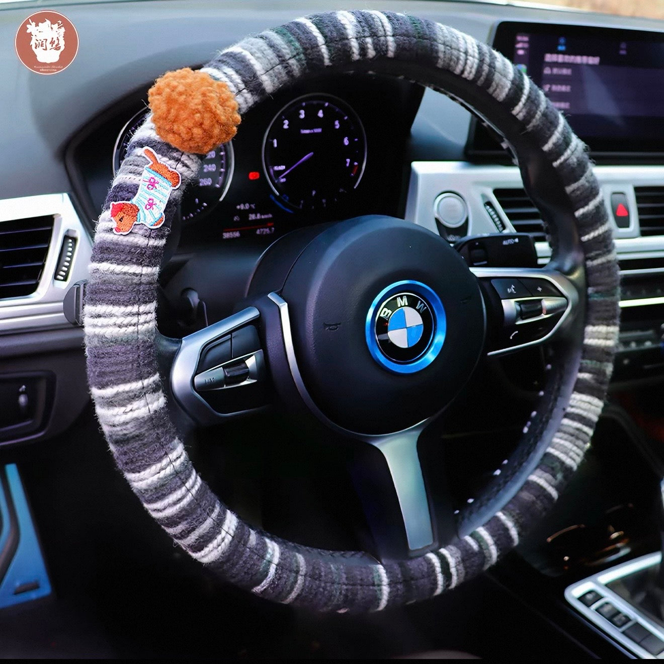 Boho striped fabric steering wheel covers with dachshund patches and fluffy pom poms in Gray