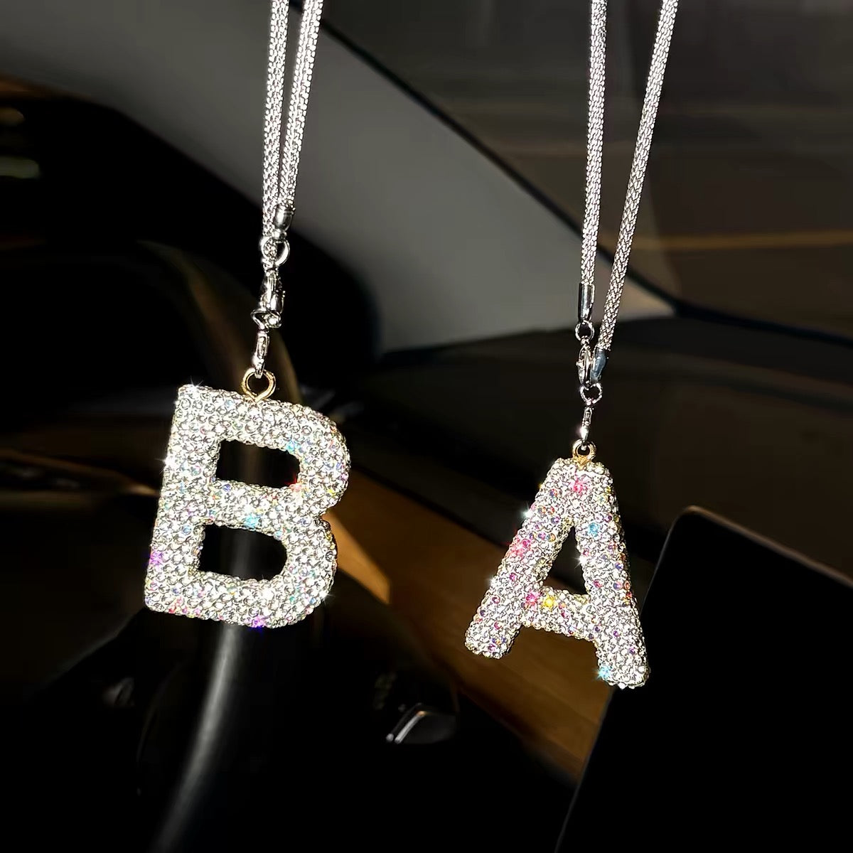 Rhinestone crystal letter A B car rearview mirror charm hanging on interior mirror, bling alphabet pendant with silver chain