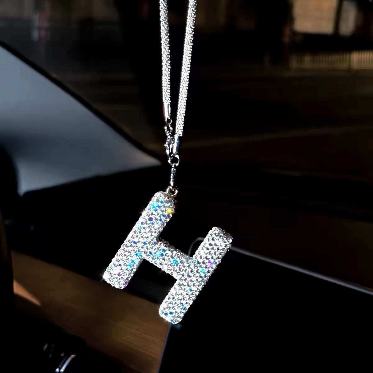 Rhinestone crystal letter H car rearview mirror charm hanging on interior mirror, bling alphabet pendant with silver chain