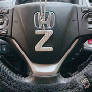 Rhinestone crystal letter Z car rearview mirror charm hanging on interior mirror, bling alphabet pendant with silver chain