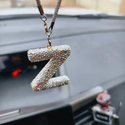 Rhinestone crystal letter Z car rearview mirror charm hanging on interior mirror, bling alphabet pendant with silver chain