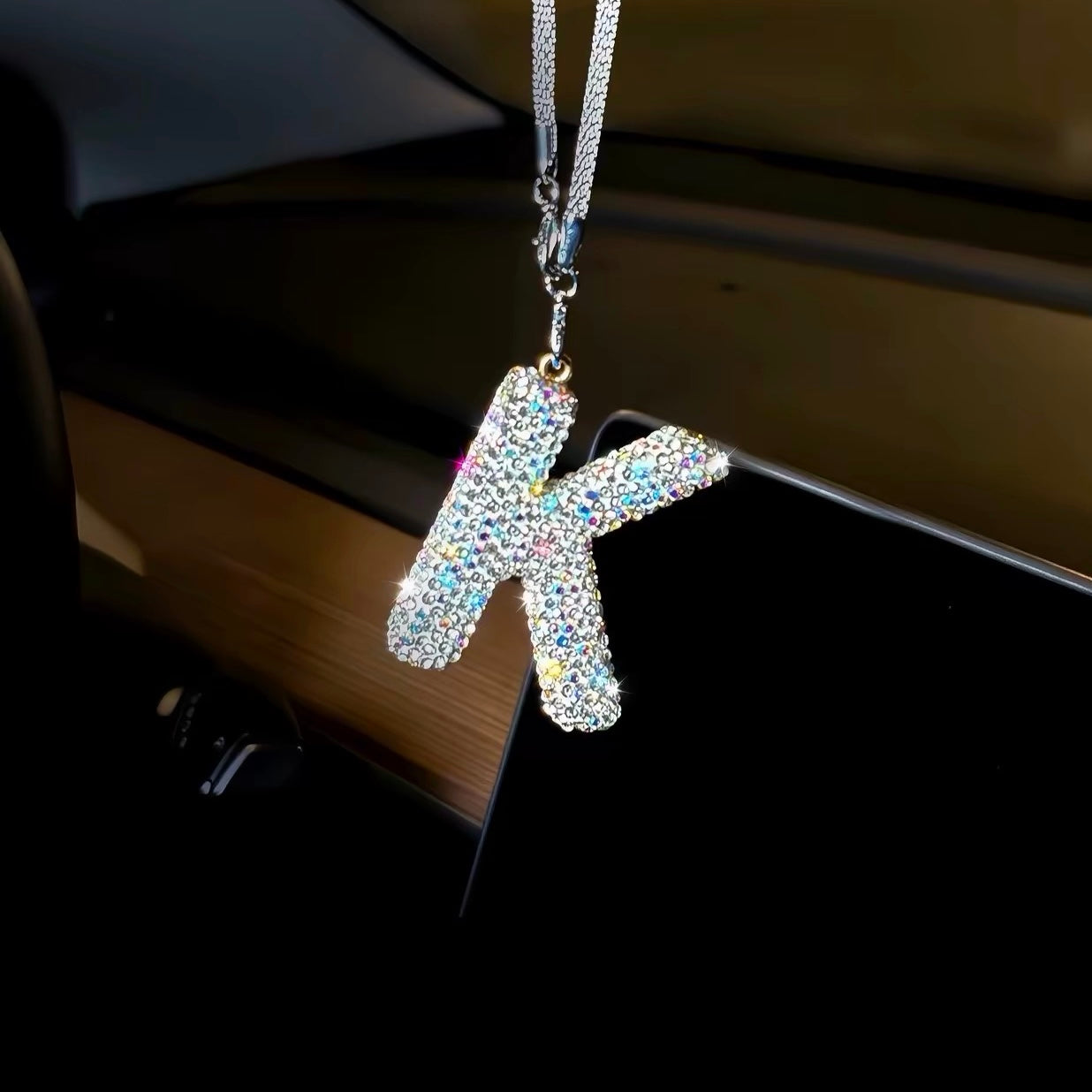 Rhinestone crystal letter K car rearview mirror charm hanging on interior mirror, bling alphabet pendant with silver chain