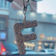 Rhinestone crystal letter F car rearview mirror charm hanging on interior mirror, bling alphabet pendant with silver chain