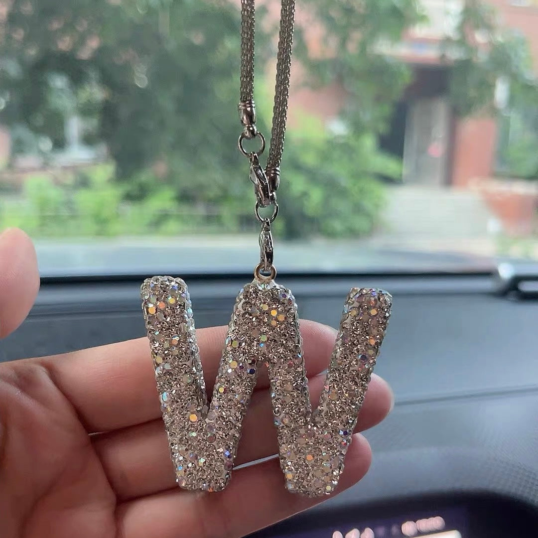 Rhinestone crystal letter W car rearview mirror charm hanging on interior mirror, bling alphabet pendant with silver chain
