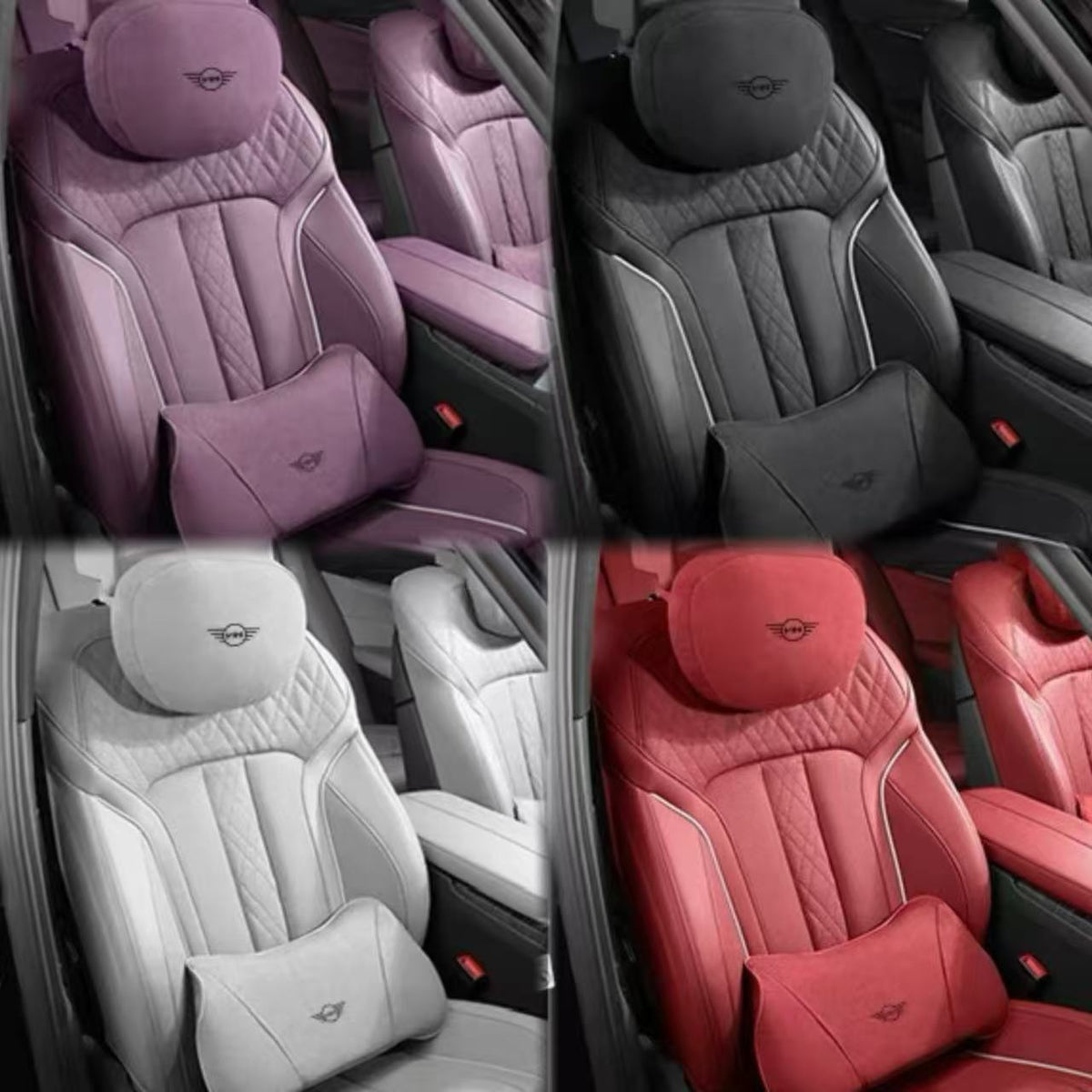 Suede touch first-class neck pillow and lumbar support set for MINI Cooper Countryman in misty purple, black, silver grey, and twilight red