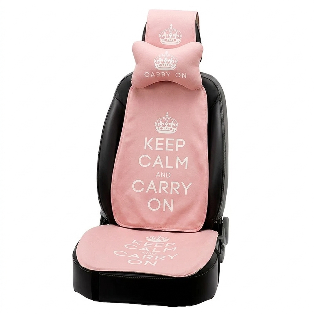 Pink car seat covers - Keep Calm and Carry On.